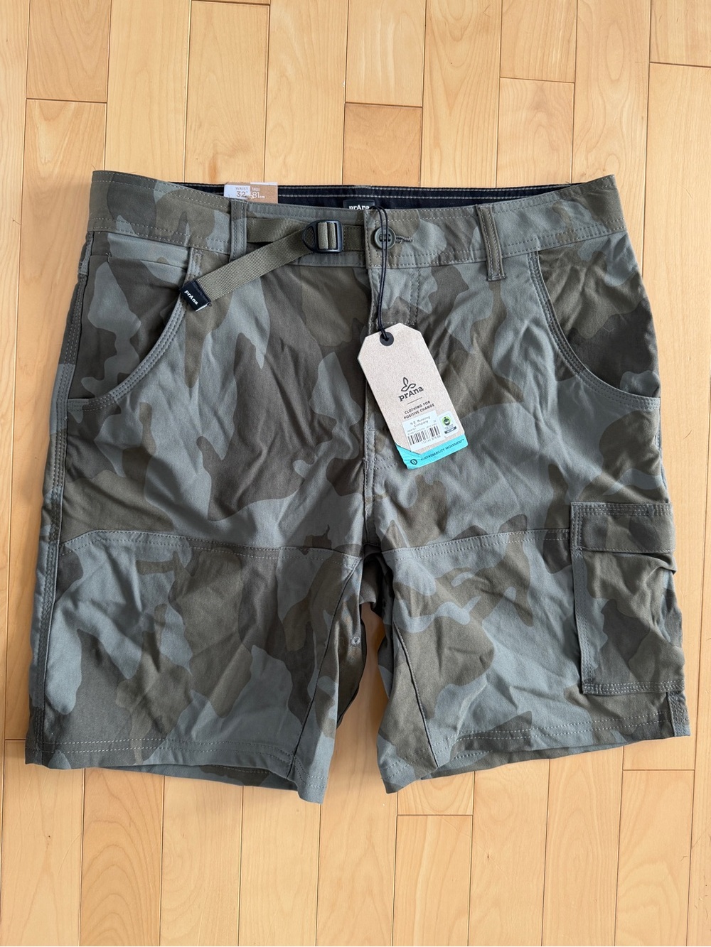 NWT prAna Men's Stretch Zion Short ll Rye Green Camo size 32 men’s 8” inseam
